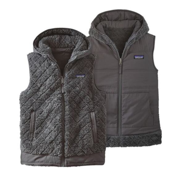 PATAGONIA Los Gatos Deep Pile Hooded Full Zip Reversible Vest Dark Charcoal Gray - Picture 1 of 9